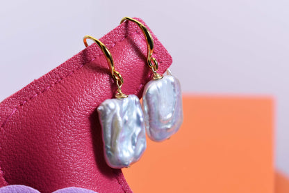 Baroque pearl earrings flat piece pearl long ear hook earrings