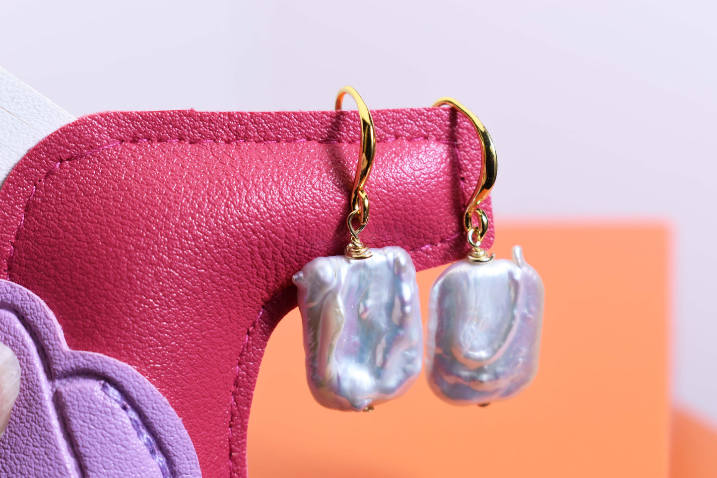 Baroque pearl earrings flat piece pearl long ear hook earrings