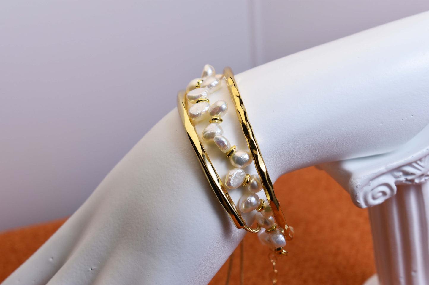 Natural pearl bracelet three piece set paired with smile bracelet and gold open hammer bracelet