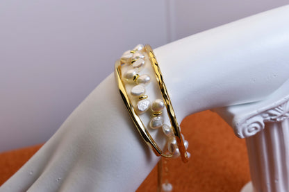 Natural pearl bracelet three piece set paired with smile bracelet and gold open hammer bracelet