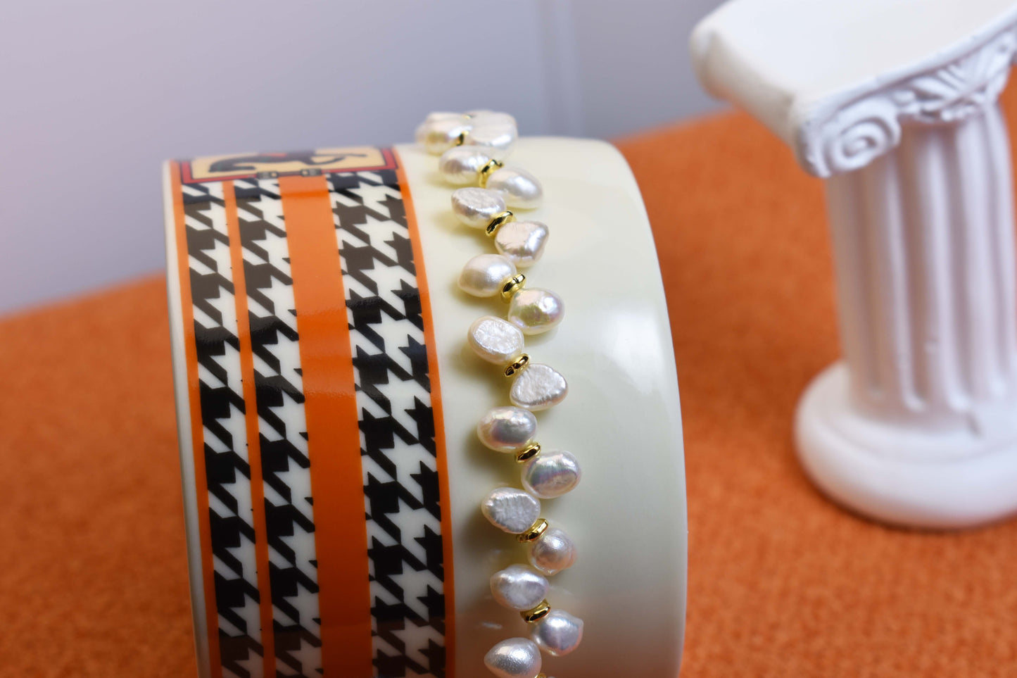 Natural pearl bracelet three piece set paired with smile bracelet and gold open hammer bracelet