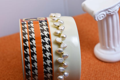 Natural pearl bracelet three piece set paired with smile bracelet and gold open hammer bracelet