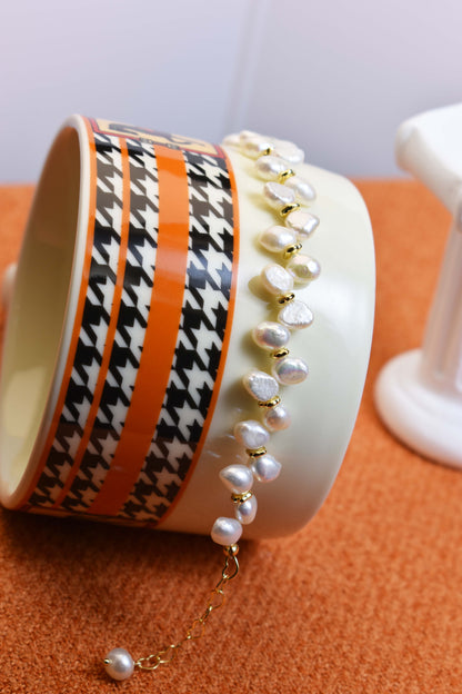 Natural pearl bracelet three piece set paired with smile bracelet and gold open hammer bracelet