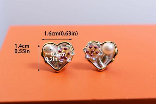 Natural pearl earrings with heart-shaped floral enamel craftsmanship earrings