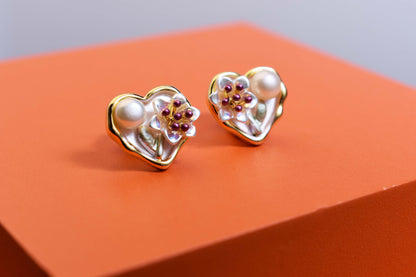 Natural pearl earrings with heart-shaped floral enamel craftsmanship earrings