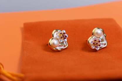 Natural pearl earrings with heart-shaped floral enamel craftsmanship earrings