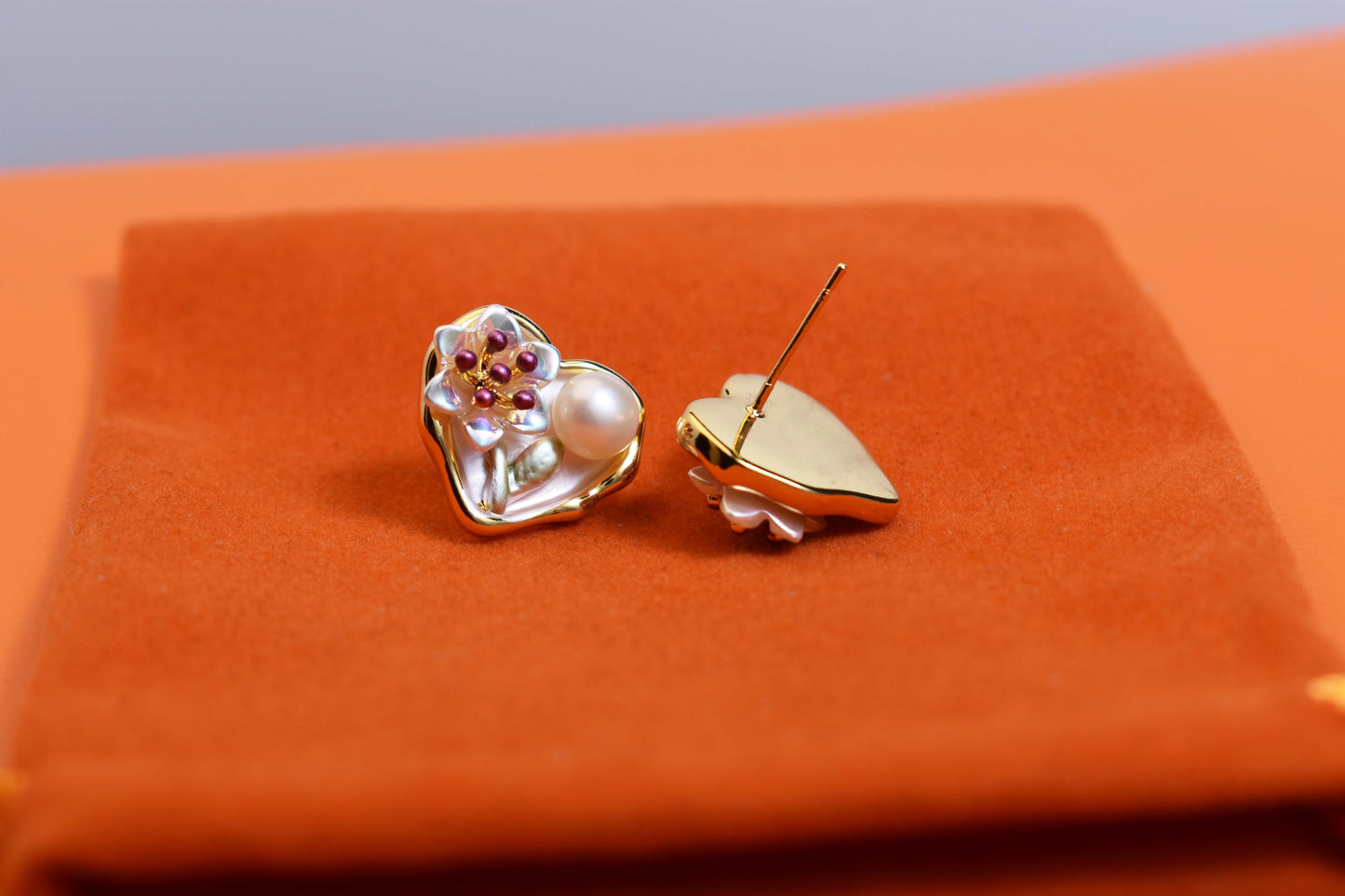 Natural pearl earrings with heart-shaped floral enamel craftsmanship earrings