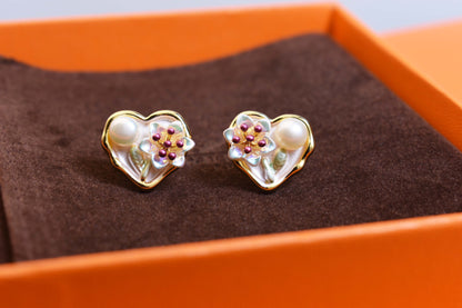 Natural pearl earrings with heart-shaped floral enamel craftsmanship earrings
