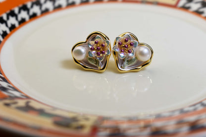 Natural pearl earrings with heart-shaped floral enamel craftsmanship earrings