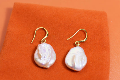 Natural Baroque Pearl Earrings Round Shaped Pearl Long Earrings