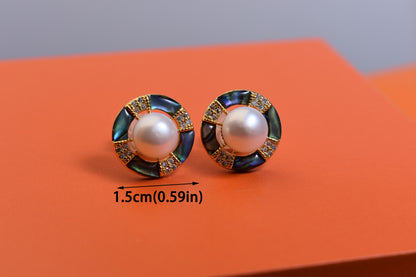 Natural pearl earrings with lucky four petal flower inlay and black abalone shell earrings