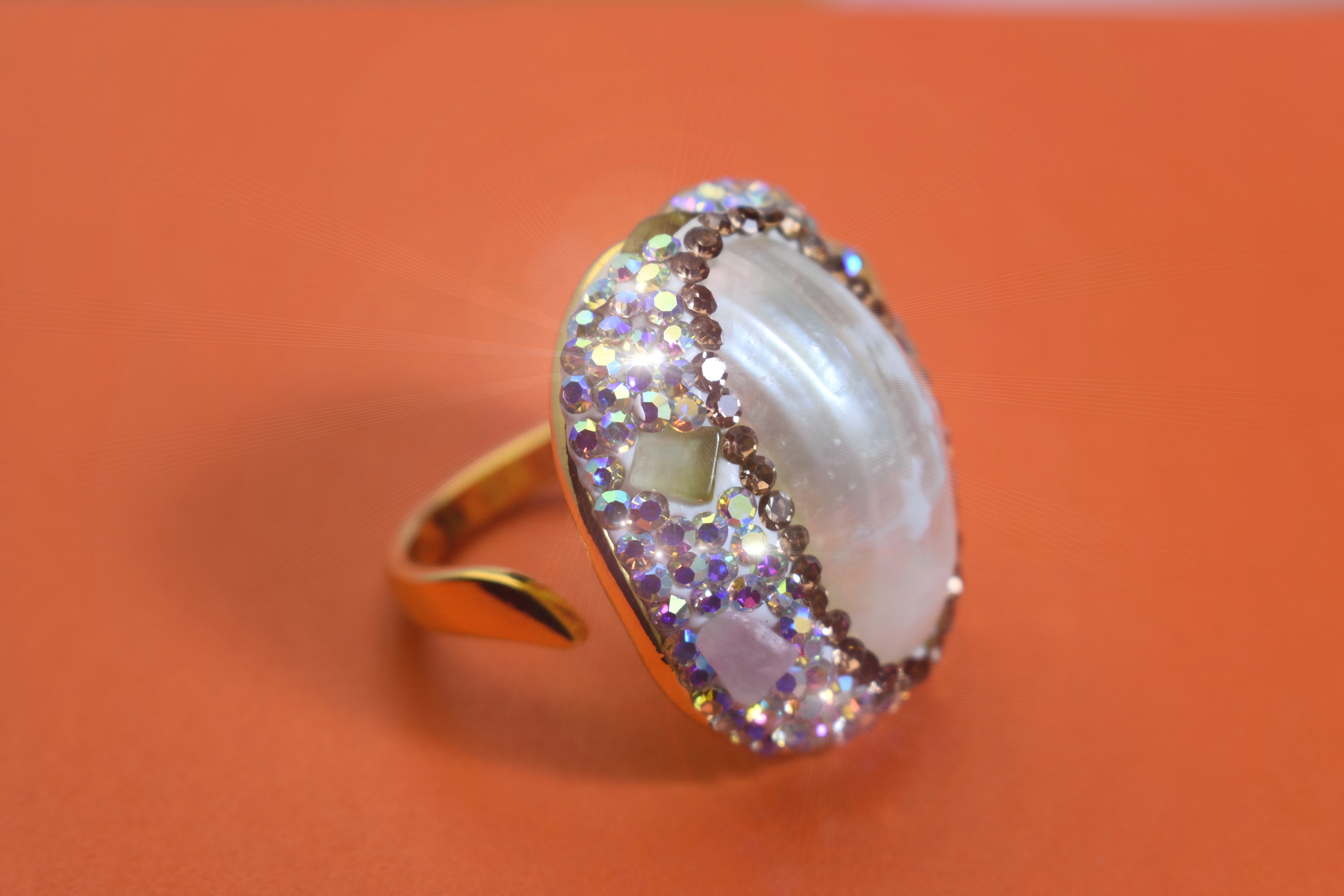 handmade Luxury natural Mabe pearl ring with three-dimensional dense inlay of tourmaline and zircon, adjustable opening ring