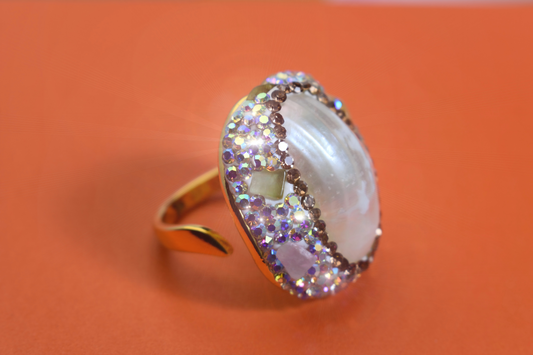 handmade Luxury natural Mabe pearl ring with three-dimensional dense inlay of tourmaline and zircon, adjustable opening ring