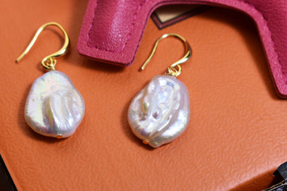 Natural Baroque Pearl Earrings Round Shaped Pearl Long Earrings