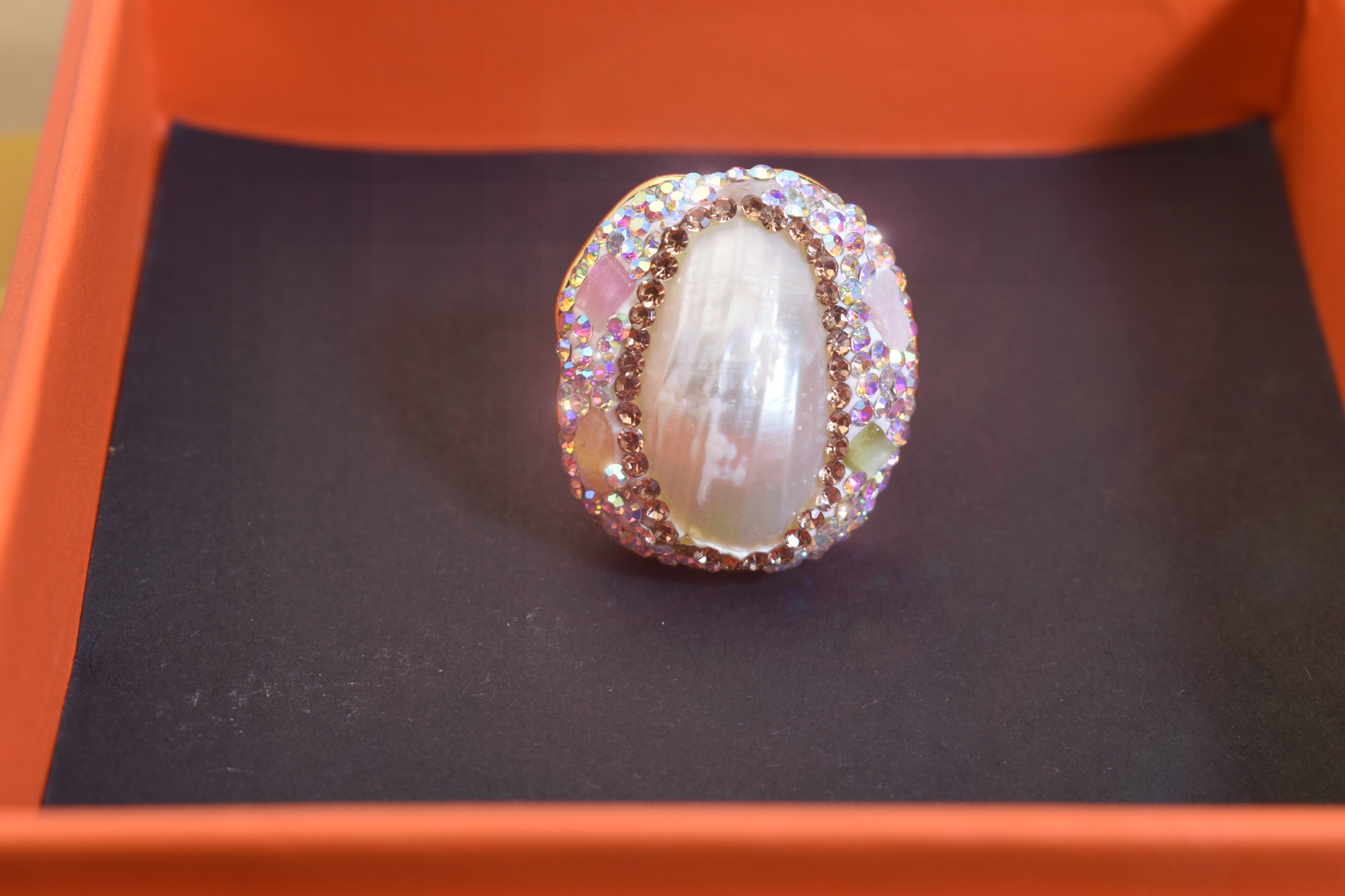 handmade Luxury natural Mabe pearl ring with three-dimensional dense inlay of tourmaline and zircon, adjustable opening ring