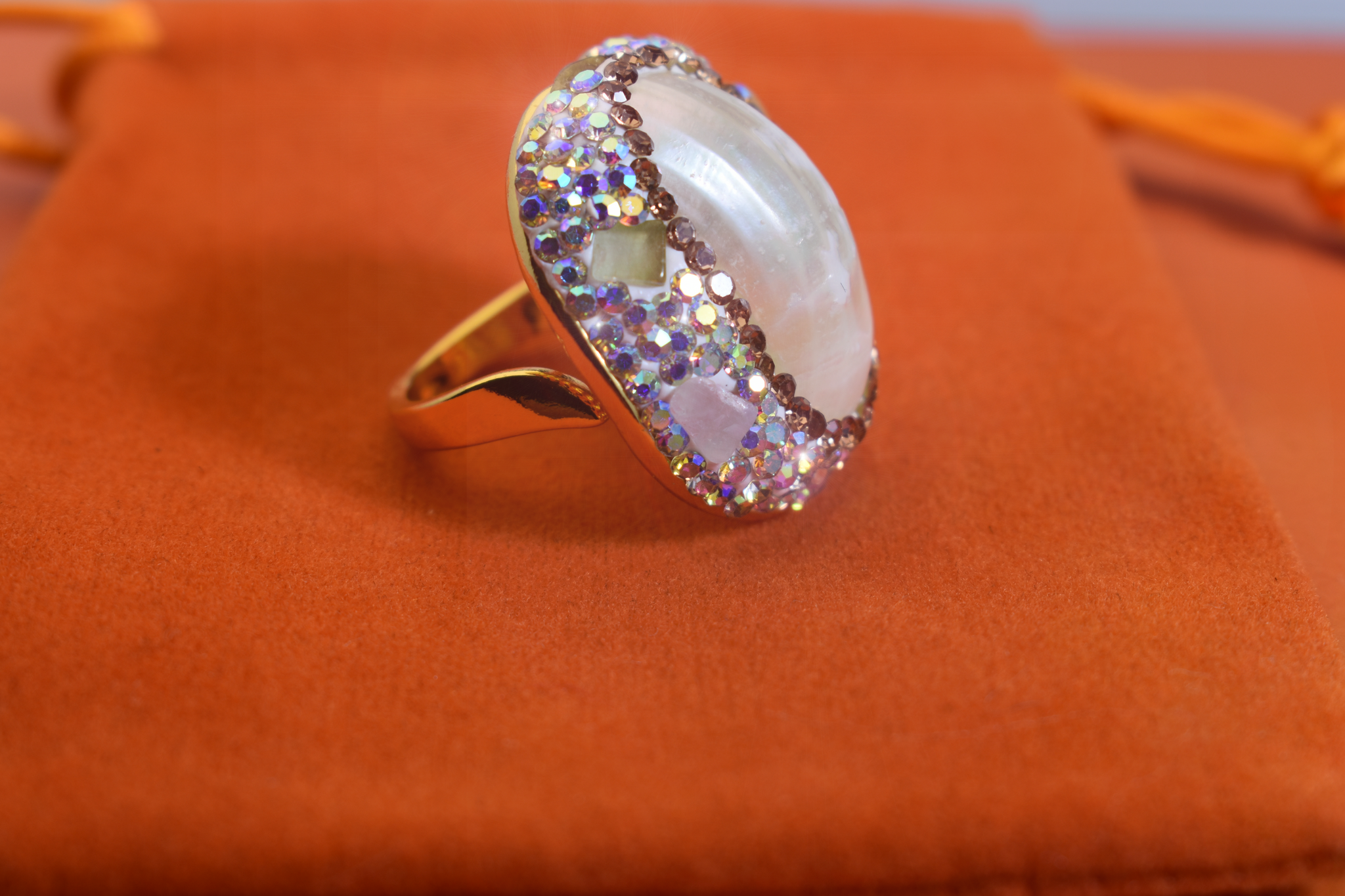 handmade Luxury natural Mabe pearl ring with three-dimensional dense inlay of tourmaline and zircon, adjustable opening ring