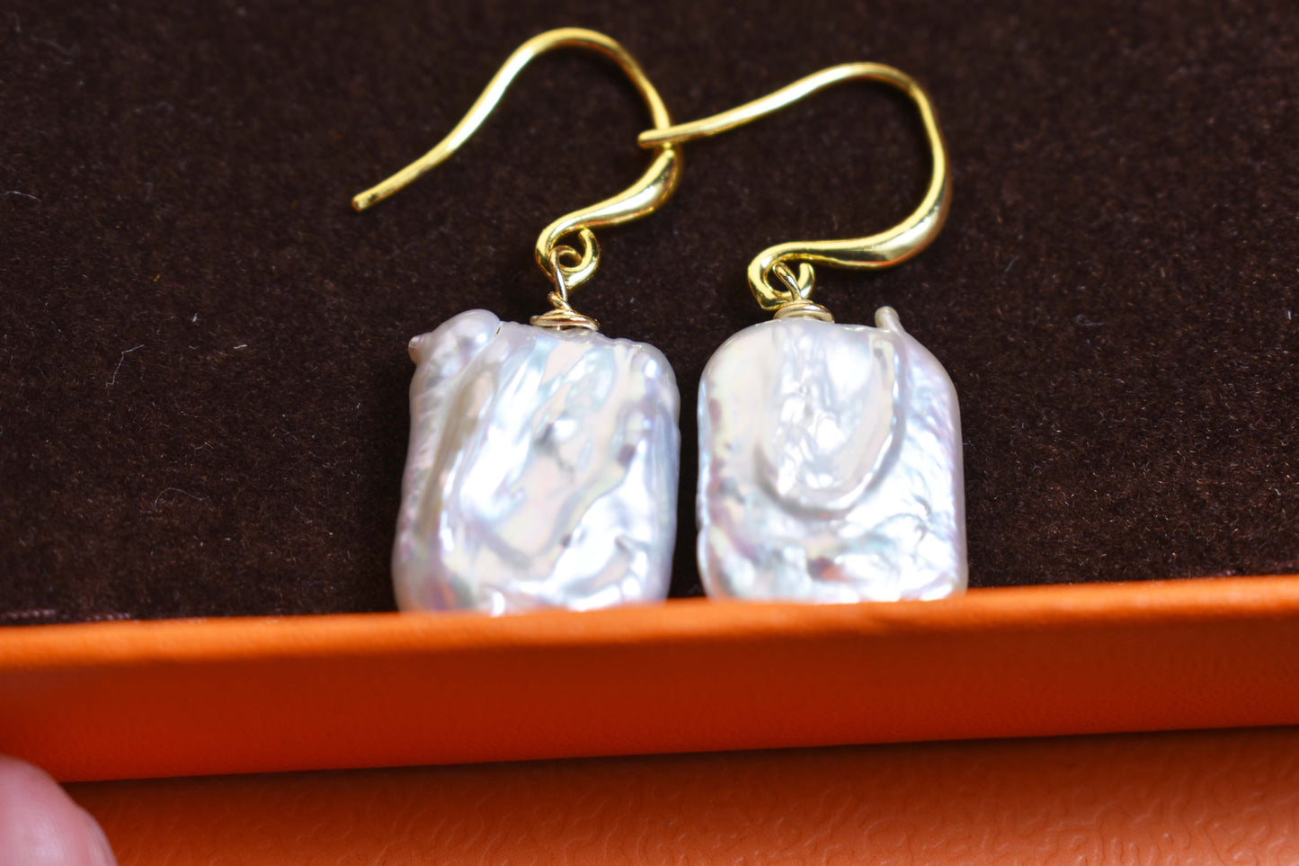 Baroque pearl earrings flat piece pearl long ear hook earrings