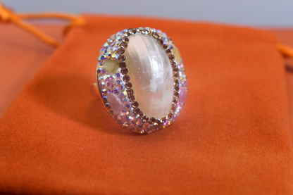 handmade Luxury natural Mabe pearl ring with three-dimensional dense inlay of tourmaline and zircon, adjustable opening ring