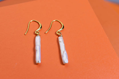 Natural pearl earrings long small silver bar with simple and fashionable ear hook design