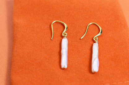 Natural pearl earrings long small silver bar with simple and fashionable ear hook design