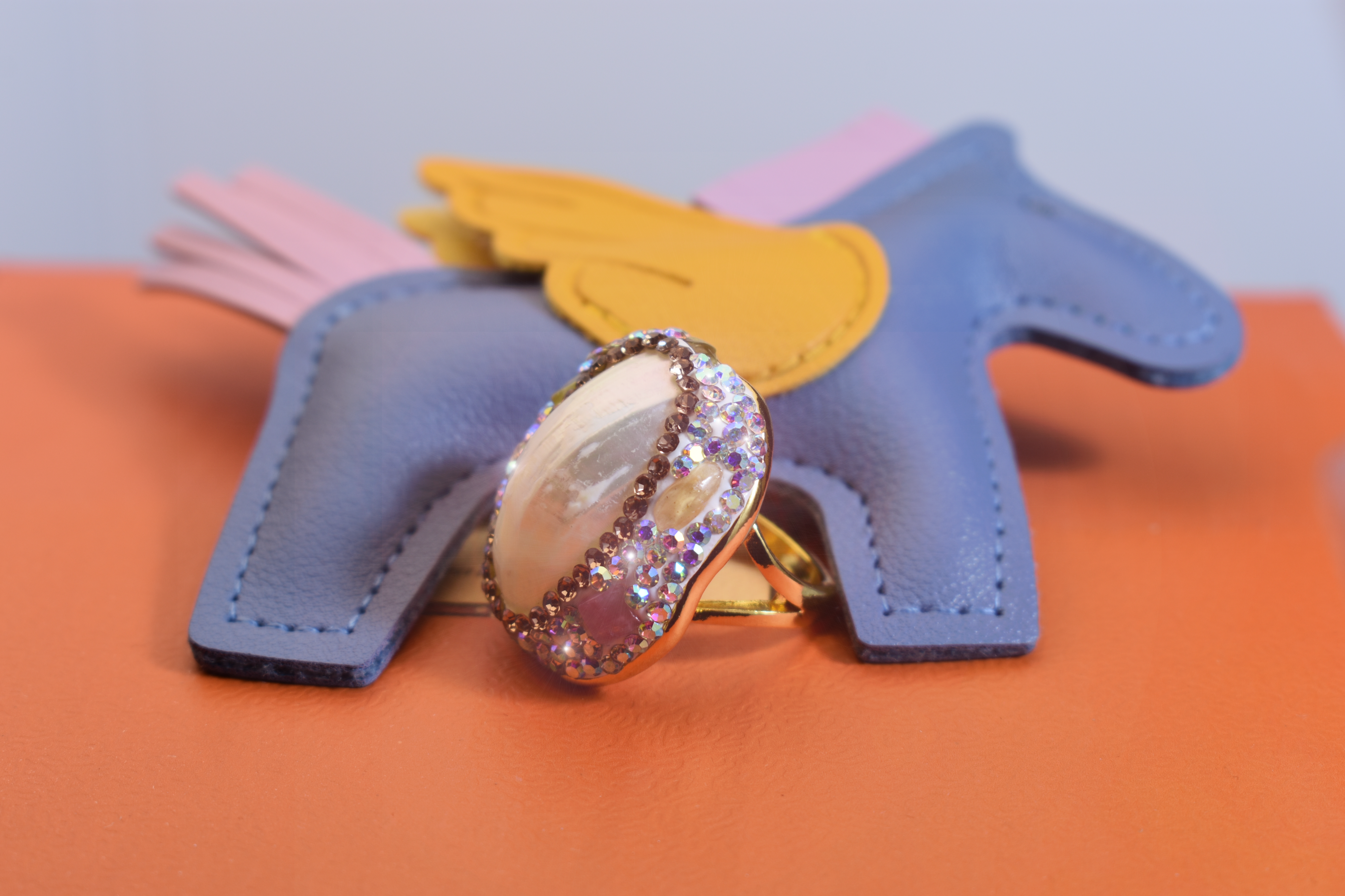 handmade Luxury natural Mabe pearl ring with three-dimensional dense inlay of tourmaline and zircon, adjustable opening ring