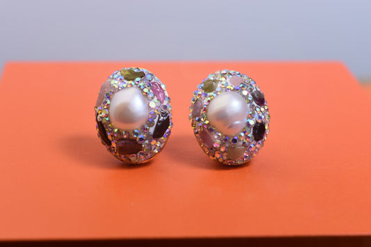 Natural pearl earrings with three-dimensional handmade inlaid zircon tourmaline earrings