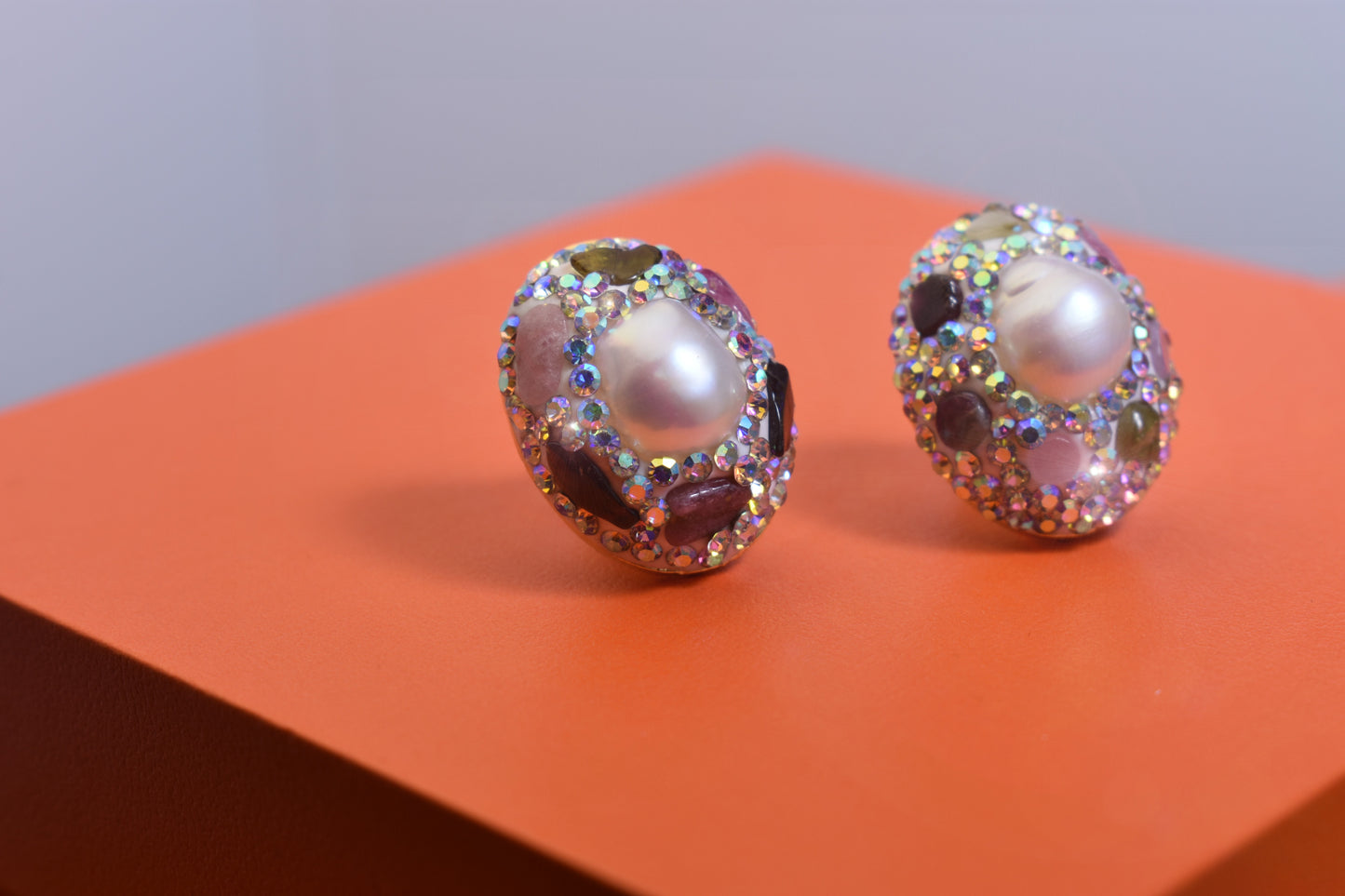 Natural pearl earrings with three-dimensional handmade inlaid zircon tourmaline earrings