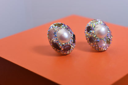 Natural pearl earrings with three-dimensional handmade inlaid zircon tourmaline earrings