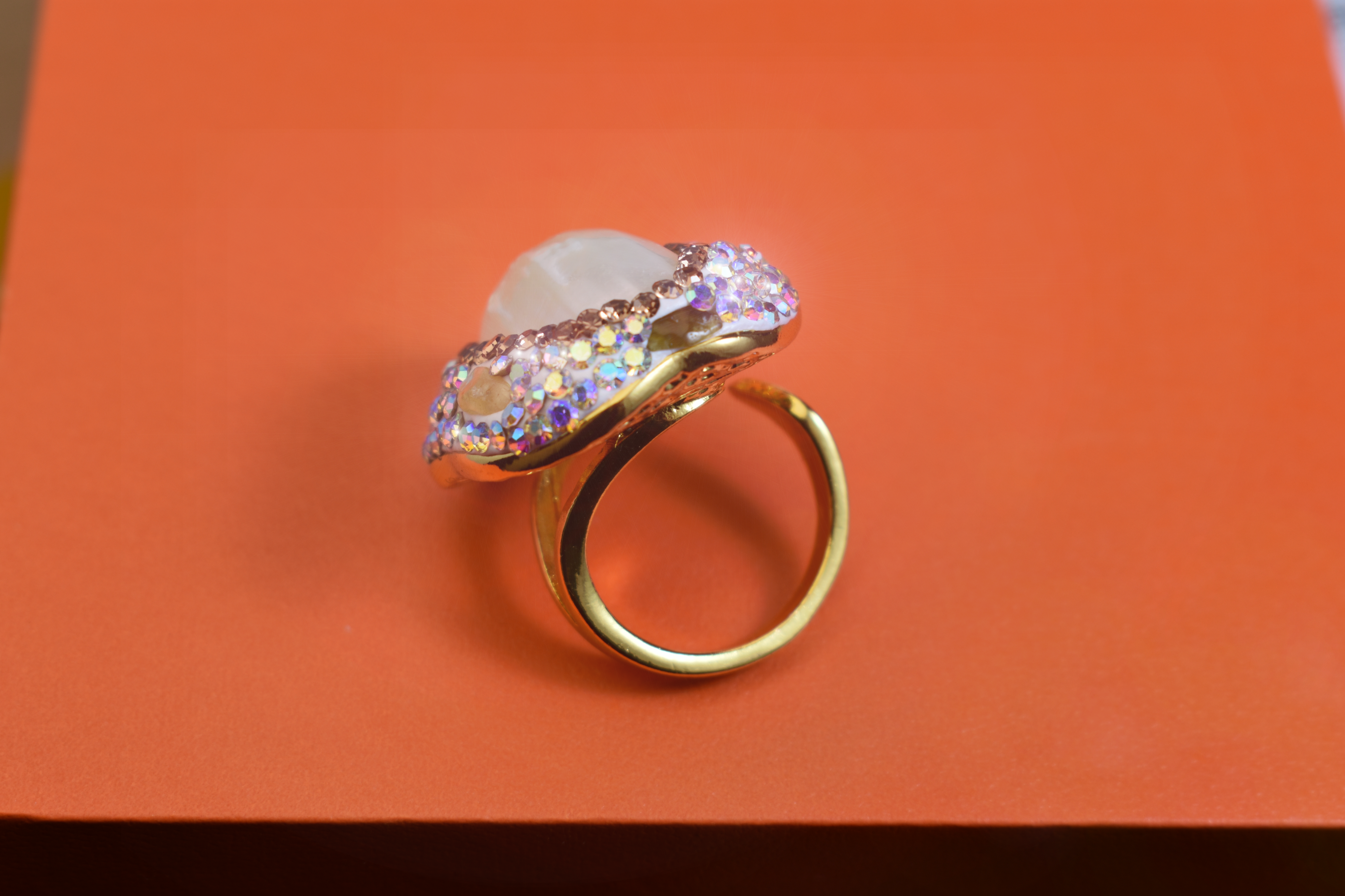 handmade Luxury natural Mabe pearl ring with three-dimensional dense inlay of tourmaline and zircon, adjustable opening ring