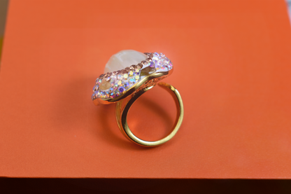 handmade Luxury natural Mabe pearl ring with three-dimensional dense inlay of tourmaline and zircon, adjustable opening ring