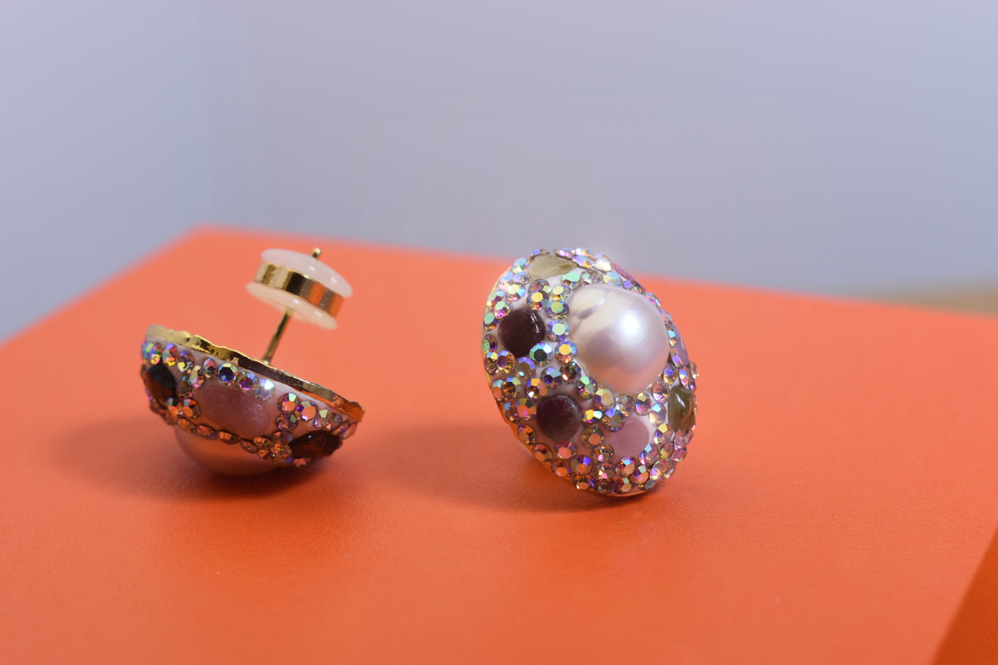 Natural pearl earrings with three-dimensional handmade inlaid zircon tourmaline earrings