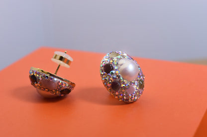 Natural pearl earrings with three-dimensional handmade inlaid zircon tourmaline earrings