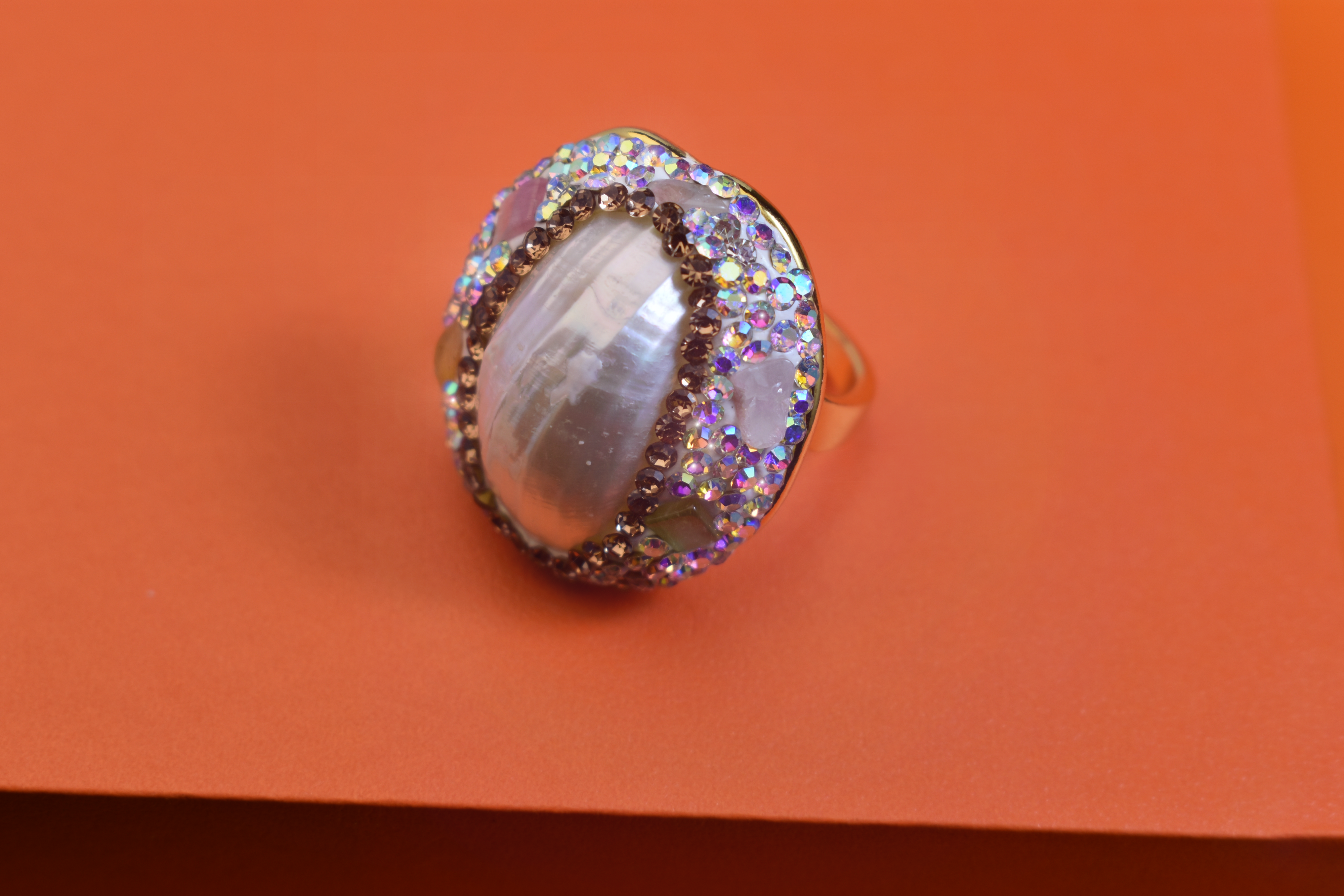 handmade Luxury natural Mabe pearl ring with three-dimensional dense inlay of tourmaline and zircon, adjustable opening ring