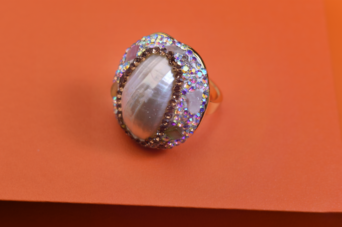 handmade Luxury natural Mabe pearl ring with three-dimensional dense inlay of tourmaline and zircon, adjustable opening ring