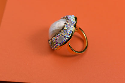 handmade Luxury natural Mabe pearl ring with three-dimensional dense inlay of tourmaline and zircon, adjustable opening ring