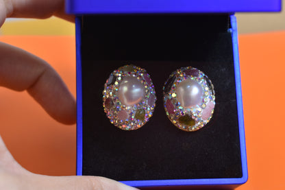 Natural pearl earrings with three-dimensional handmade inlaid zircon tourmaline earrings