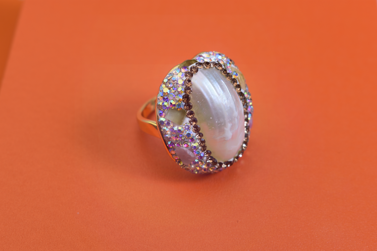 handmade Luxury natural Mabe pearl ring with three-dimensional dense inlay of tourmaline and zircon, adjustable opening ring