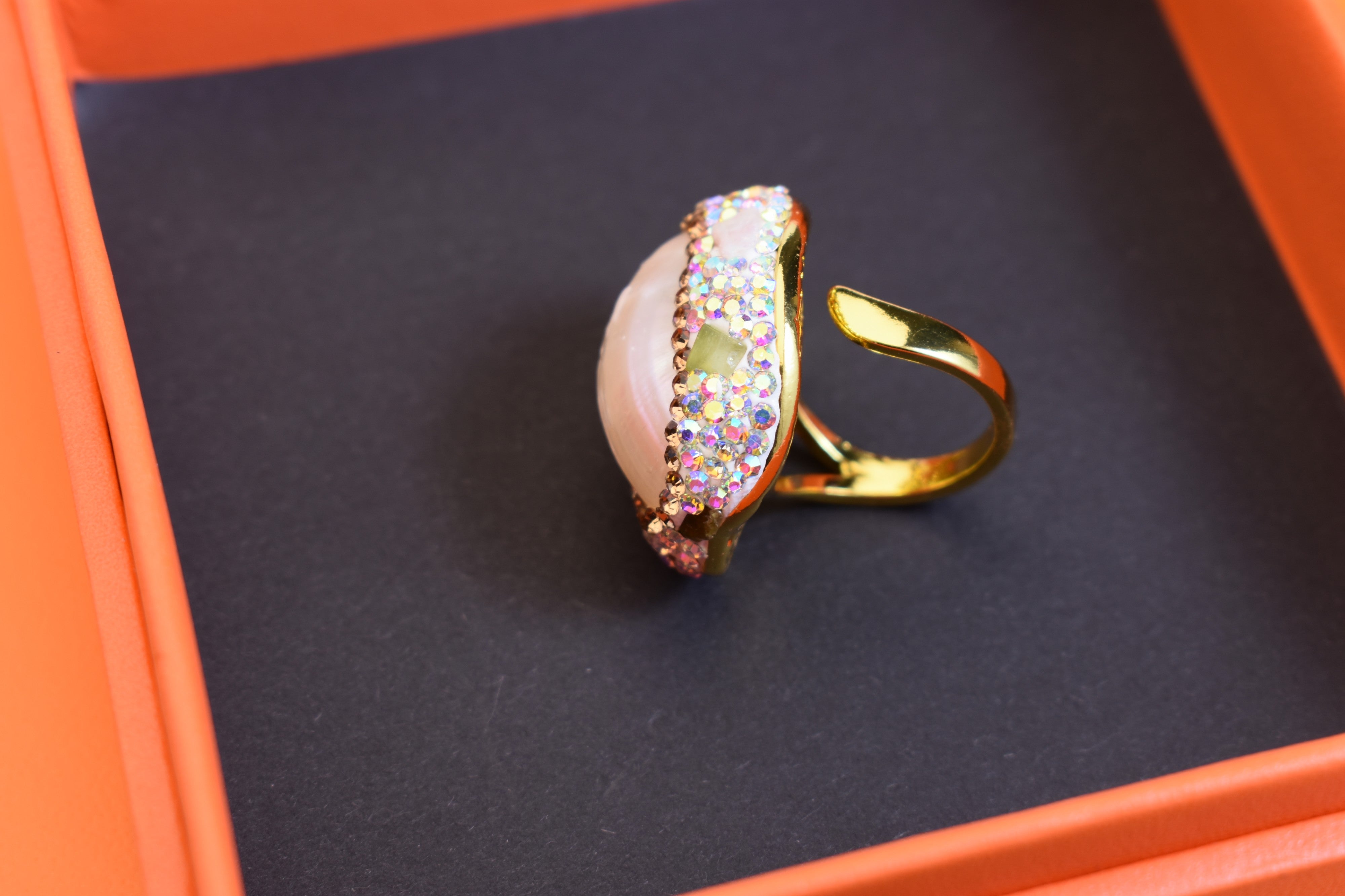 handmade Luxury natural Mabe pearl ring with three-dimensional dense inlay of tourmaline and zircon, adjustable opening ring