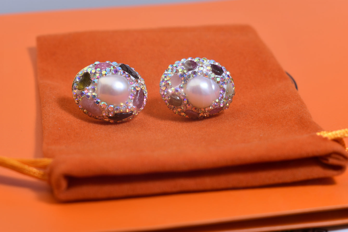 Natural pearl earrings with three-dimensional handmade inlaid zircon tourmaline earrings