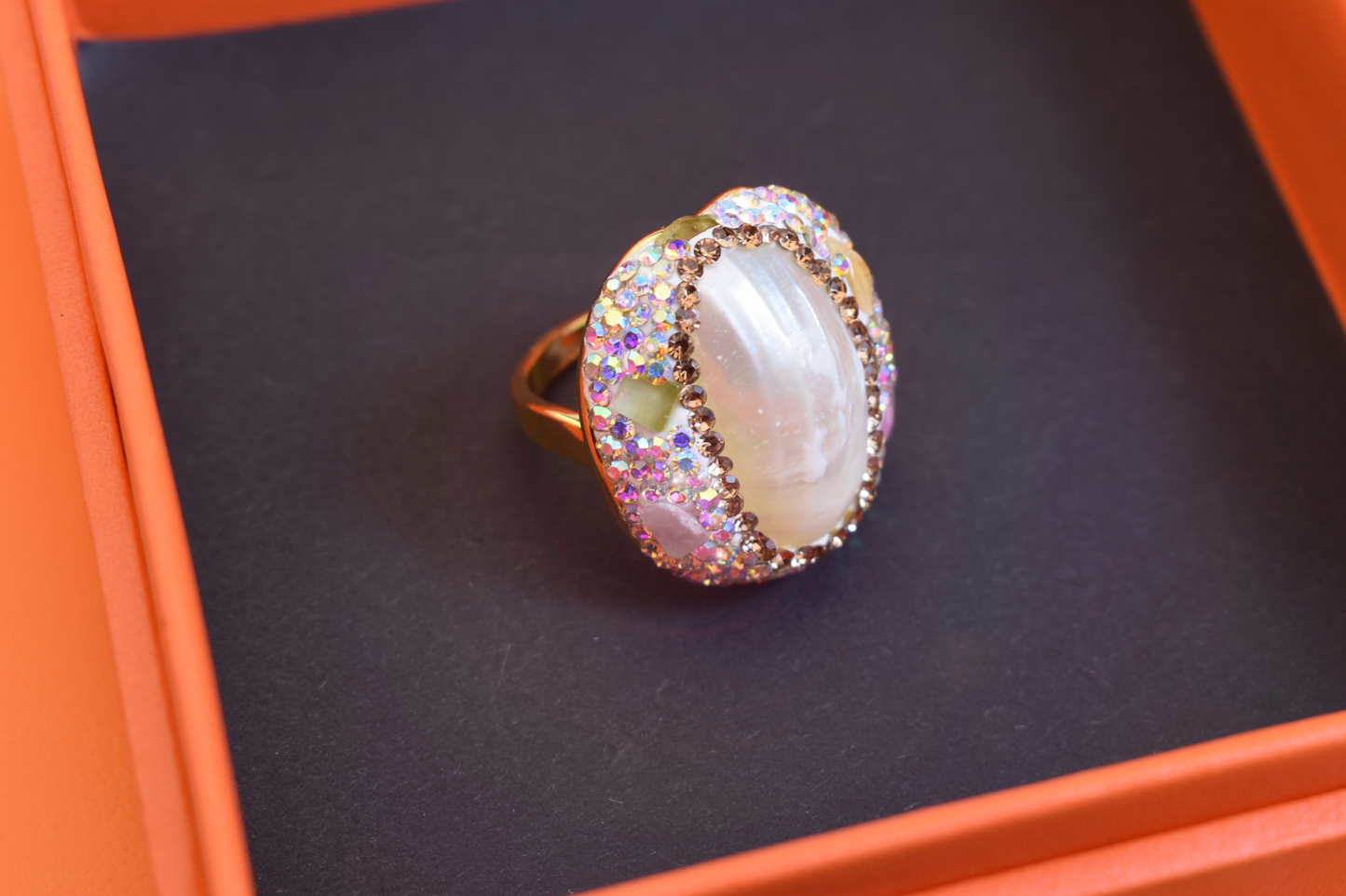 handmade Luxury natural Mabe pearl ring with three-dimensional dense inlay of tourmaline and zircon, adjustable opening ring