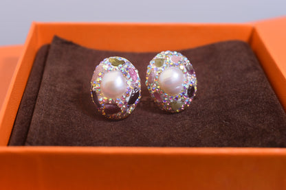 Natural pearl earrings with three-dimensional handmade inlaid zircon tourmaline earrings