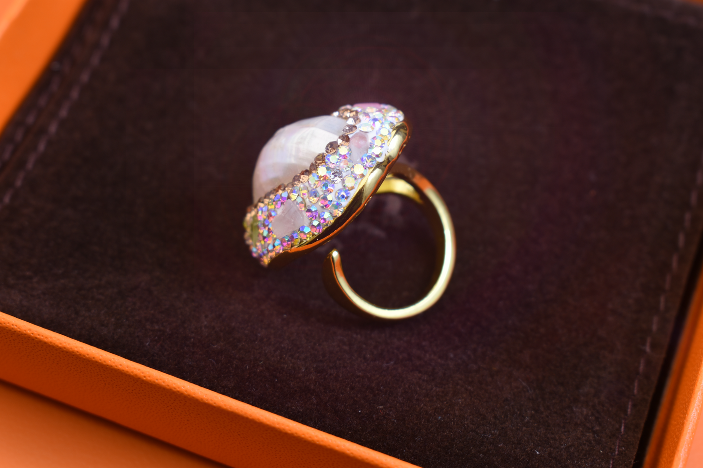 handmade Luxury natural Mabe pearl ring with three-dimensional dense inlay of tourmaline and zircon, adjustable opening ring