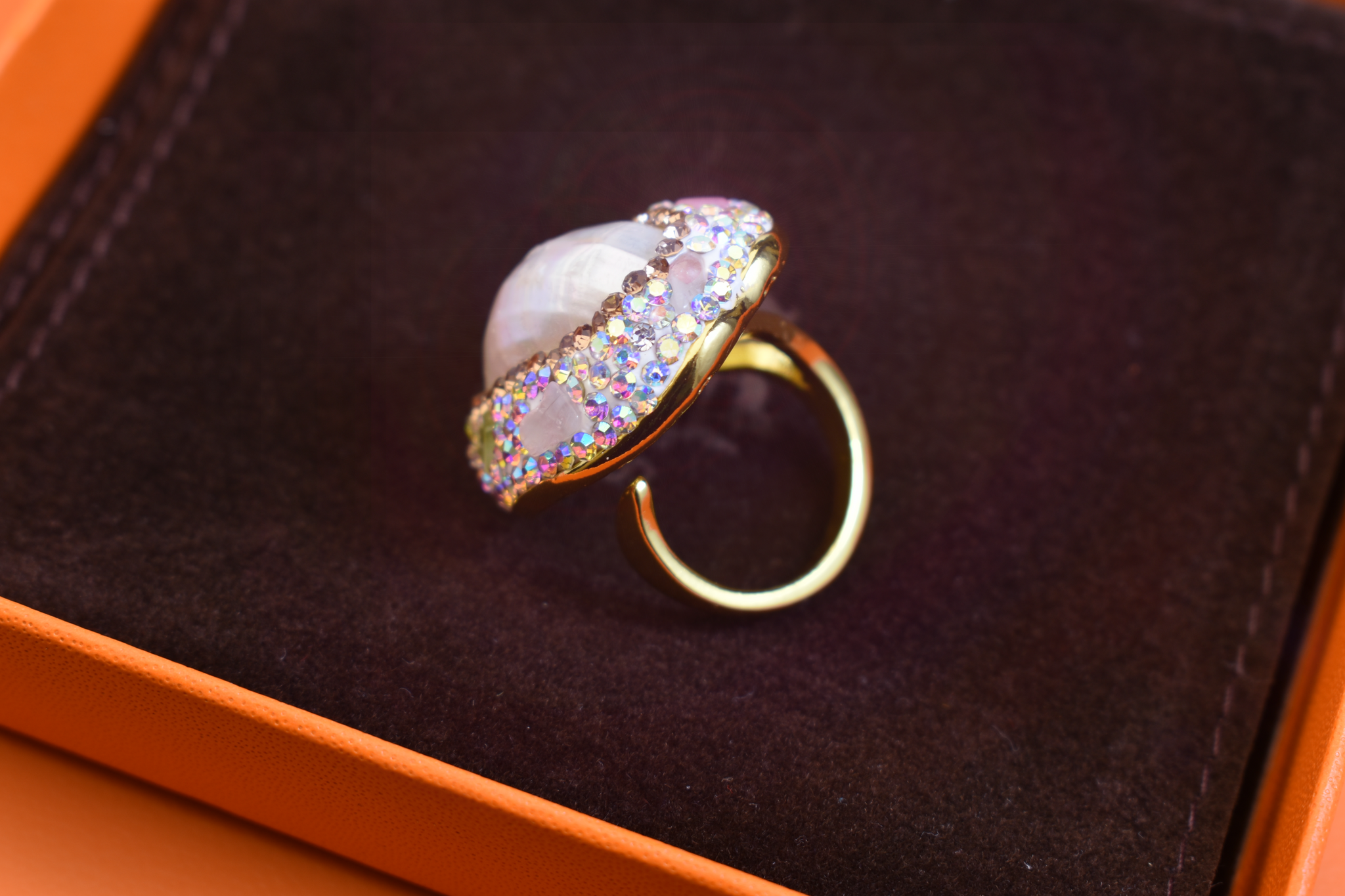 handmade Luxury natural Mabe pearl ring with three-dimensional dense inlay of tourmaline and zircon, adjustable opening ring