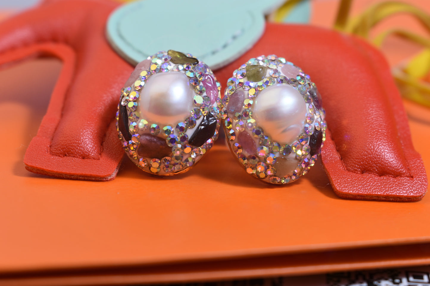 Natural pearl earrings with three-dimensional handmade inlaid zircon tourmaline earrings