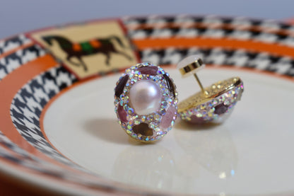 Natural pearl earrings with three-dimensional handmade inlaid zircon tourmaline earrings