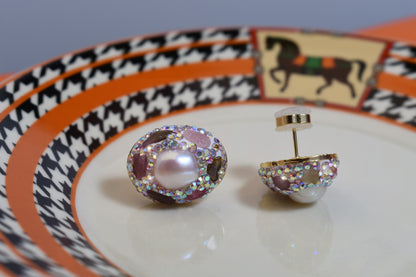 Natural pearl earrings with three-dimensional handmade inlaid zircon tourmaline earrings