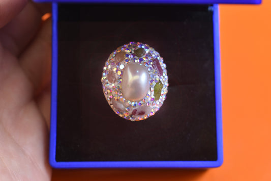 Luxury natural pearl ring with elliptical three-dimensional dense inlay of tourmaline and zircon, adjustable ring at the opening