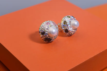 Natural pearl earrings, round three-dimensional handmade inlaid with zircon tourmaline earrings