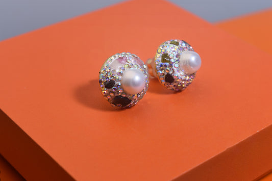 Natural pearl earrings, round three-dimensional handmade inlaid with zircon tourmaline earrings