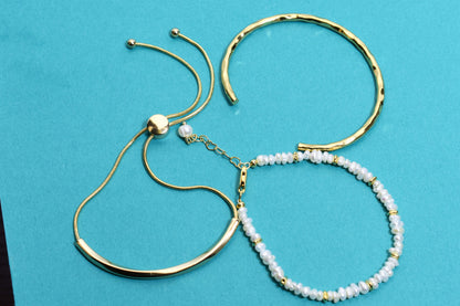 Natural Pearl Rice Bead Shaped Three Set  Smile Bracelet Gold Open Hammer Bracelet